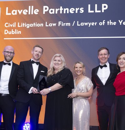 Left to Right: (Richard Hammond, Senior Counsel);  Dermot McClean, Ciarán Leavy, Georgina Lanigan, Avril Scally, Greg Flanagan and Denise Dockery (Lavelle Partners); (Anton Savage, MC) Image